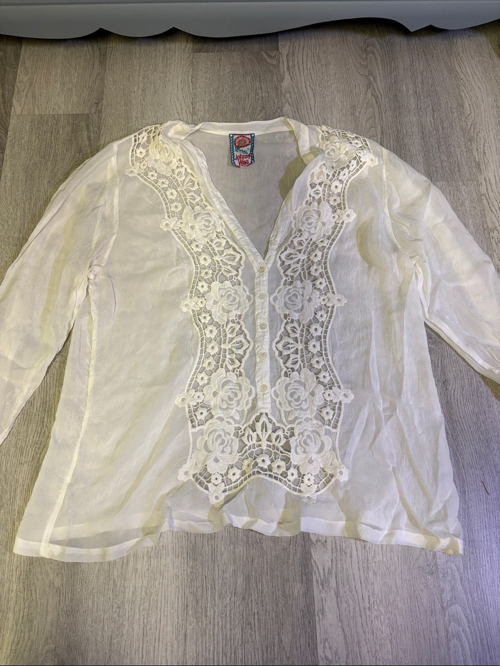 Johnny Was White Lace V-Neck Sheer Tunic